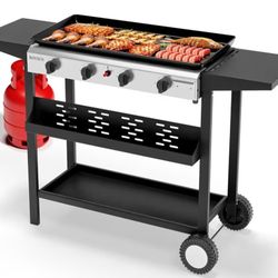Burner Portable Propane Griddle with Nonstick Enameled Tray, 40000 BTU Rolling Flat Top Gas Grill with Electronic Ignition,