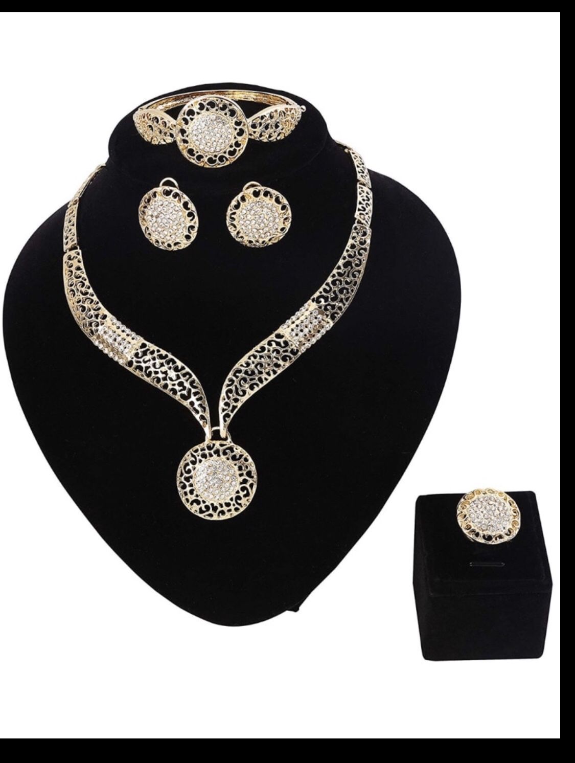Womens Silver Gold Plated Alloy Rhinestone African Jewelry Set Hallow Chain Choker Necklace Stud