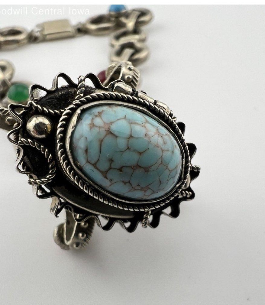 Etruscan Revival Silver tone Anchor Chain Chunky Cabochen Bracelet