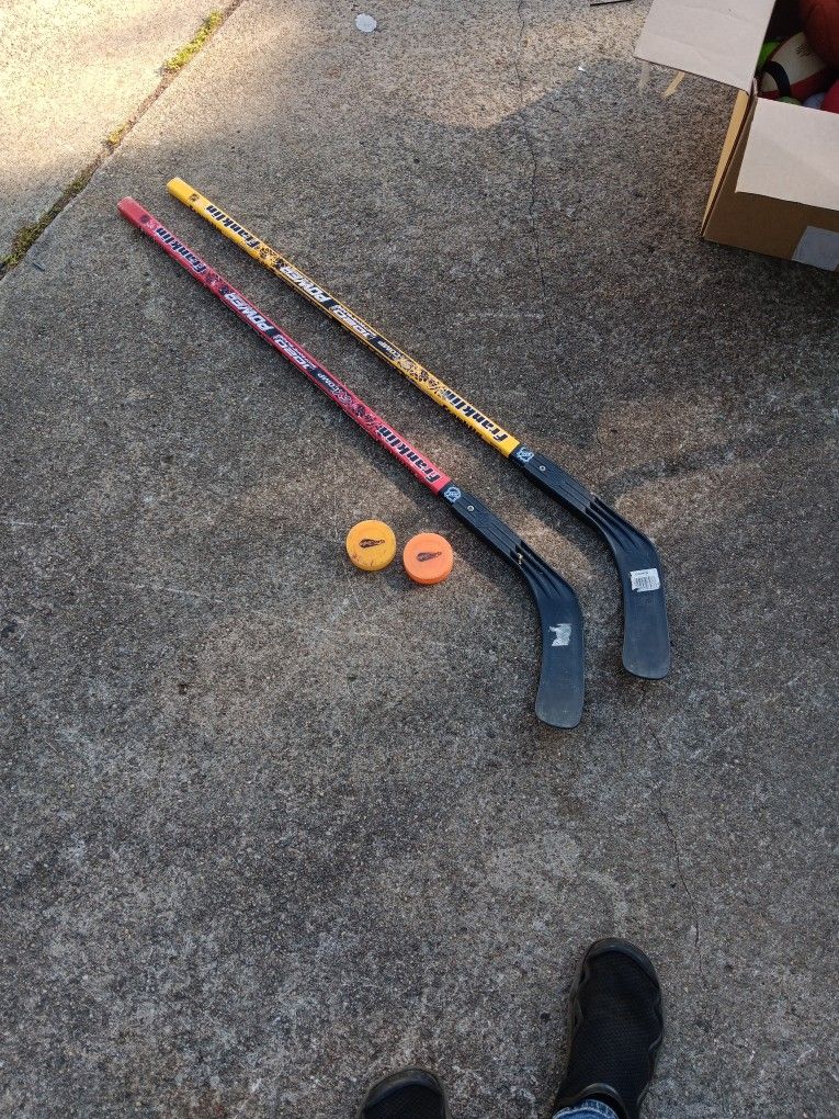 Two Kids Hockey Sticks And Pucks