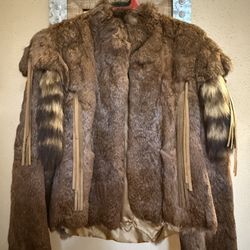 Genuine rabbit fur coat with genuine raccoon tails and suede fringe 