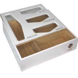 Lux Design Ziplock Bag Organizer- Bamboo Storage Bag Organizer Compatible with Quart Slider Bags, White,12 in x 12.5 in x 3 in
