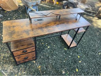 Rustic Computer Desk with Power Outlets & Storage Shelves