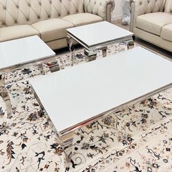 Custom Modern Tempered Glass And Steel Coffee Table With 2 Side Tables