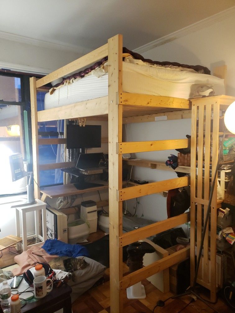 Adult Full Loft Bed with Built-in Shelves and Desk