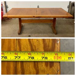 80” Solid Wood Trestle Dining Table. Refinish me. See pics for blemishes. Free to ask, I reply.  
