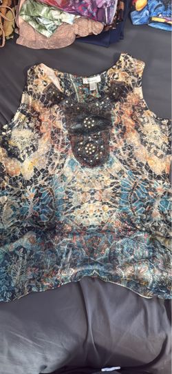 Abstract Medallion Print Sequin Studded Handkerchief Tank Top
