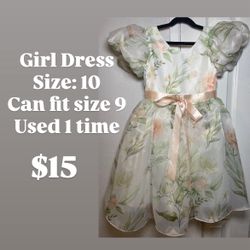 Girl Flower Roses Dress Pink White Size 10 9