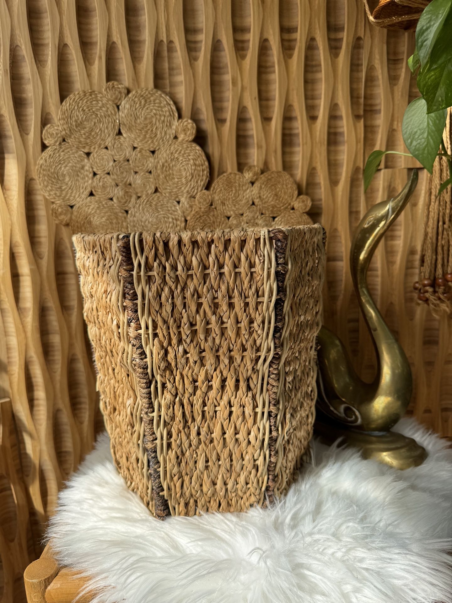 Vintage Woven Grass Geometric Planter Pot Wastebasket Boho Braided Detail Texture Organic Coastal