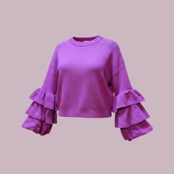 •New W/ Tags• Purple Ruffle-Sleeve Cropped Knit Sweater - Women - Essue