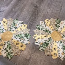 handmade Quilted centerpieces Green and yellow and beige flowered reversible  21” 