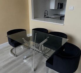 Modern Glass Dining Set with 4 Velvet Accent Chairs