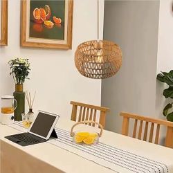 Rattan pendant light for ceiling, bohemian flush mount light fixture, 12.99-inch hanging lamp, small woven lampshade, wooden base basket for kitchen, 