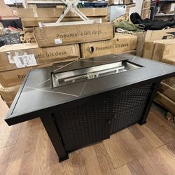 black rectangular outdoor propane fire pit table