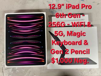 New 12.9 M2 IPad Pro. 256Gig - Gen 6 Wi-Fi & 5G Cellular with Magic Keyboard and pencil