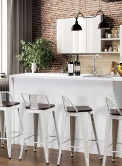 Brand New White Swivel Metal And Wood Barstools With Wood Seats 30” Tall