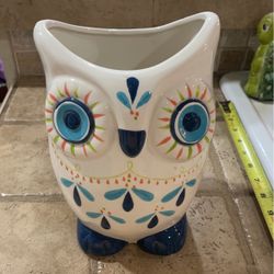 Better Homes And Gardens Ceramic Owl Vase/Pot- Navy, Aqua, Salmon, 