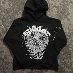 Sp5der Hoodie Black With White Graphic Large Hoodie 