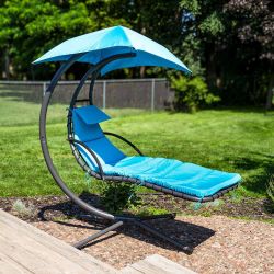 New Steel Floating Chaise Lounge Chair with Teal Cushion And Umbrella Canopy