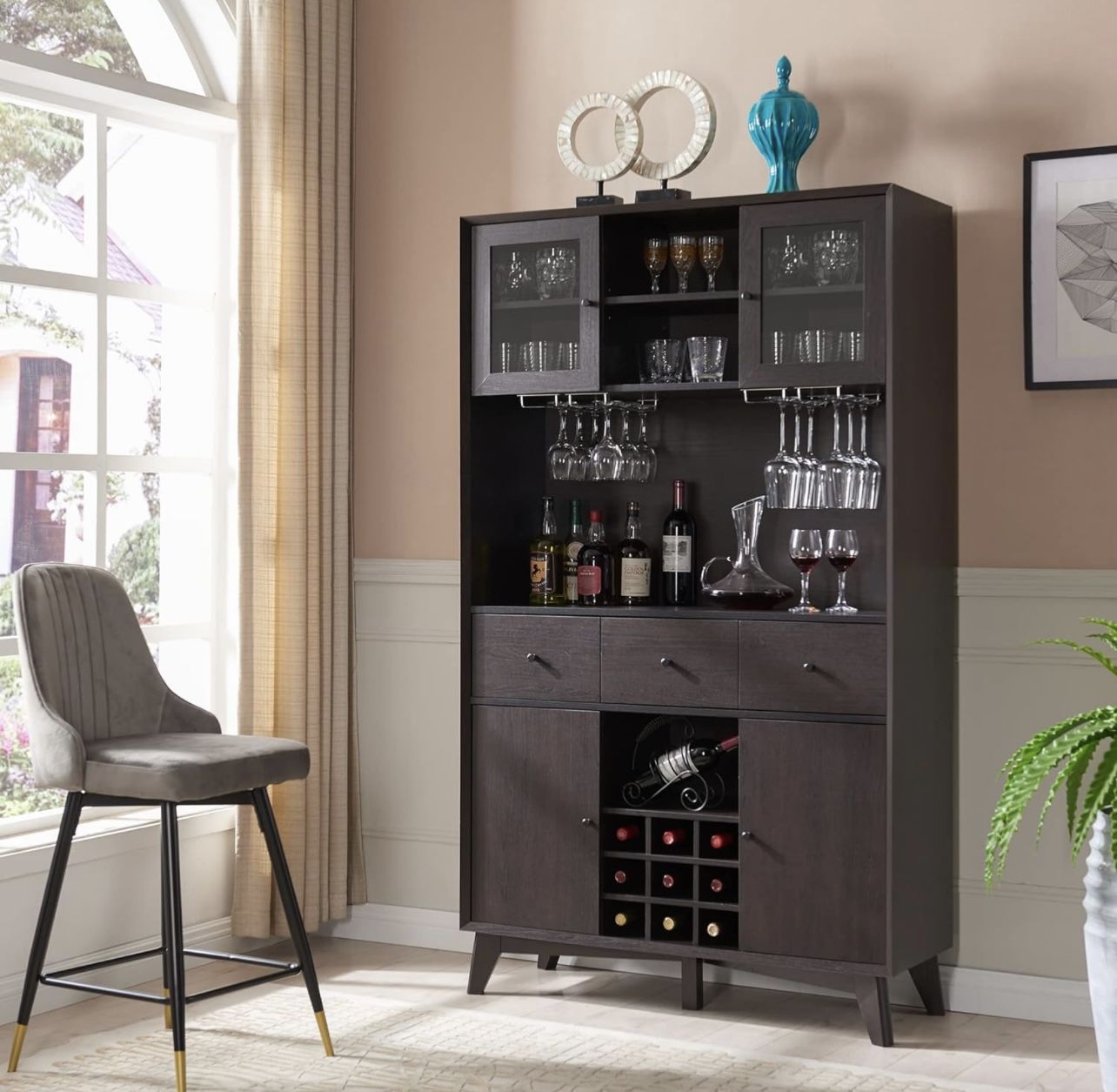 Bar Cabinet, Mid Century Modern Hutch Storage Cabinet with Wine and Glass Rack, Storage Shelves, and Drawers, Buffet Sideboard Cabinet for Home Kitche