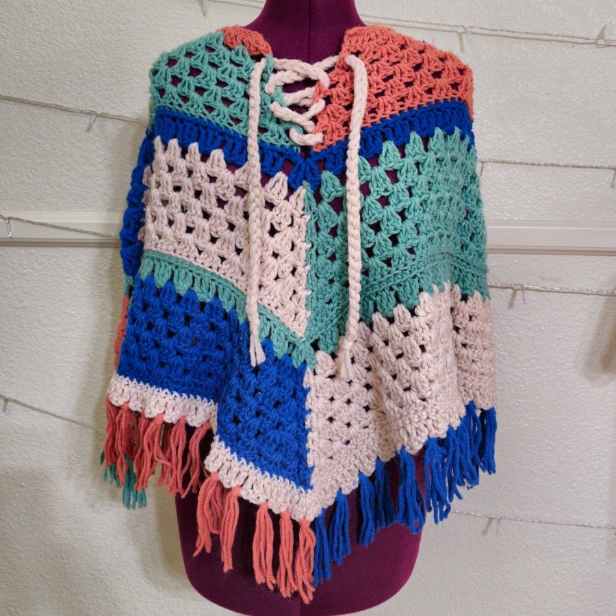 Vintage 1970's Four Color Crochet Lace Poncho