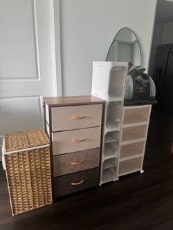 Mirror, Fabric Dresser with Wood Top, Hamper, Carpet Cleaner