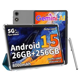 Android 15 Tablet with Case, Pen and Charger, 26GB RAM+256GB ROM(2TB Expand), 10 inch tablet with 8000mAh Battery, 2.4G/5G WiFi, Dual Camera