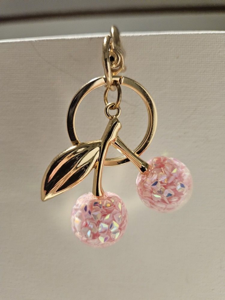 Pink Confetti Cherries Bag Charm With Gold Hardware
