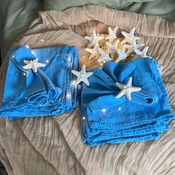 12 Pcs Of Blue Cotton Napkins And 12 Pcs Of White Starfish 