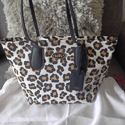 Coach Tote Bag Shoulder Bag PVC Leather Leopard Medium