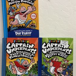 Three hardcover Captain Underpants books.    Books number four and eight and nine in the series.  Cash only, no electronic payments or trades.  No del