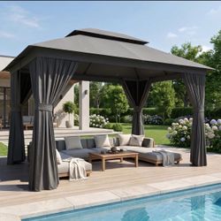 Outdoor Gazebo Canopy with Netting and Curtains 12'x10' 150G Water-Resistant and UPF 50+ Fabric Patio Canopy with Double Roof, Dark Gray