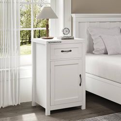Q254-White Nightstand with Drawer, Farmhouse End Table with Storage Cabinet and Adjustable Shelf, 30" Tall Bedside Table Rustic Wood Sofa Side Table f