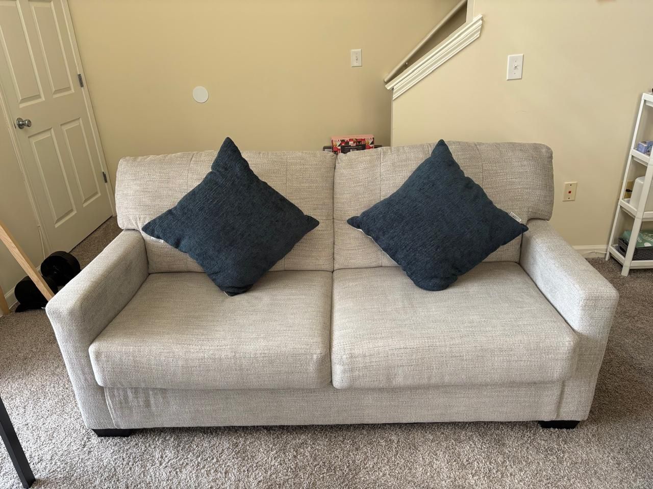 Mahoney Sofa In Pebble by Ashley 2 Seater With Cushions And Ottoman With Storage