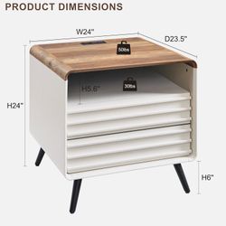 24" Nightstand with Charger Station, Mid Century Modern Fluted End Table with 2 Drawers, Wooden Side Table with Open Cubby Storage for Living Room, Be