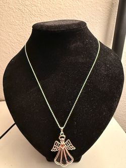 Silver Angel Pendant Necklace with Rose Gold Heart