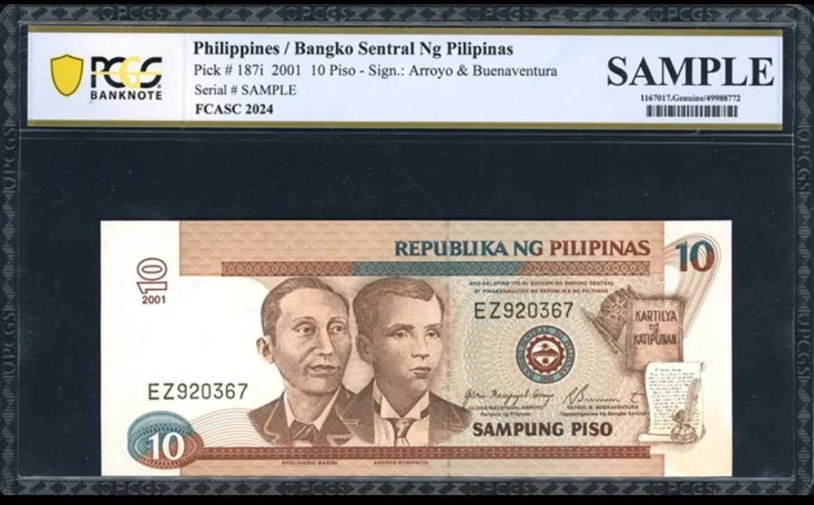 2001 10 Piso Bangko Sentral Ng Pilipinas Note PCGS "Sample Slab"