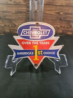 Vtg Chevrolet America's 1st Choice License Plate Topper Porcelain Metal Sign