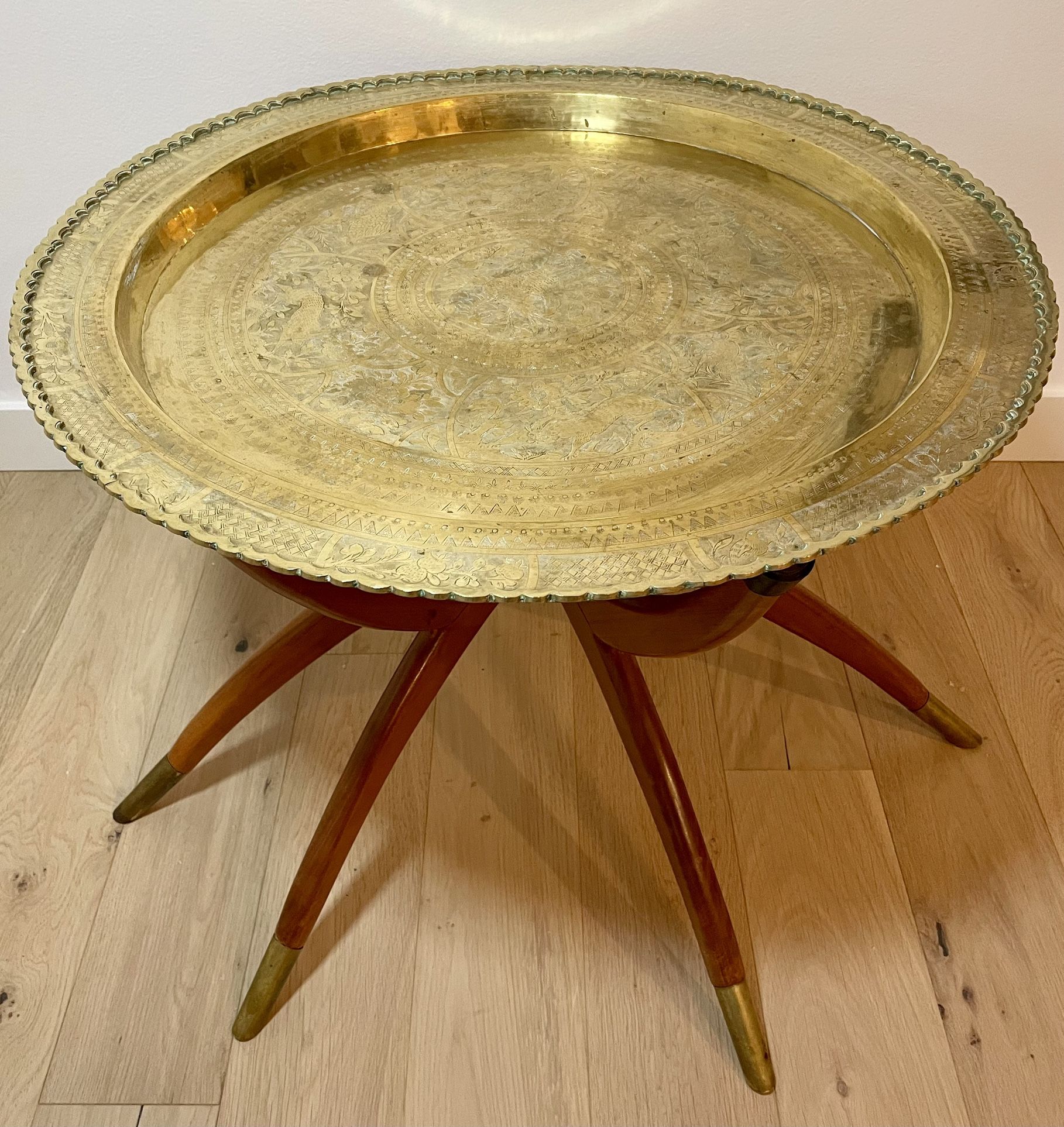 Vintage Brass and Wood Tray Top Table