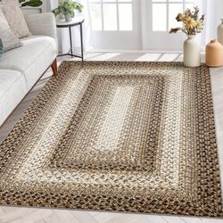 5x7 Washable Modern Geometric Washable Braided Print Boho Area Rug, Taupe, NEW