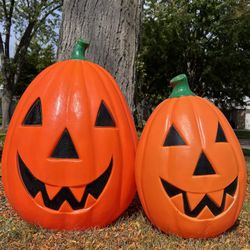 Vintage Plastic Prelit Jack O’Lantern 21” & 28” Halloween Pumpkins  
