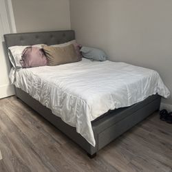 Full Size Platform Bed Frame With Large Drawer Storage, Firm Memory Foam Mattress, Grey Upholstered Tufted Style
