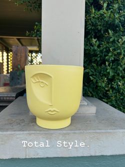 Whimsy has no bounds; Fun Abstract Woman Face Yellow Stoneware Planter: