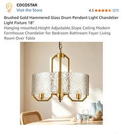 Cocostar Brushed Gold Hammered Glass Drum Chandelier 18"