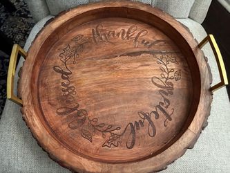 Round Wood Tray with Gold Handles