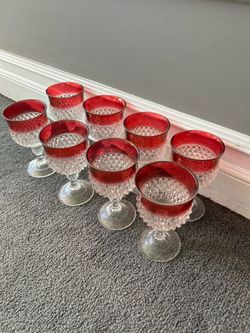 Vintage ruby flash diamond-point goblets / wine glasses, clear pressed glass stems, set of 8.
