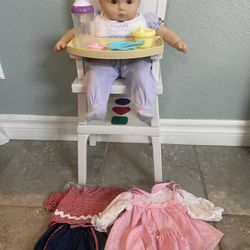 Retired classic Blonde & Gray Eyed Bitty Baby With High Chair & Extras