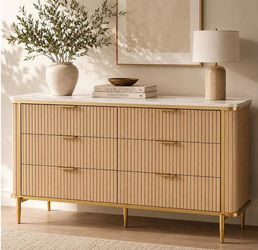 55.1" W 6 Drawer Dresser for Bedroom, Modern Fluted Wood Dresser with Marble-Look Top and Gold Accents, Double Chest of Drawers Storage Cabinet for Cl