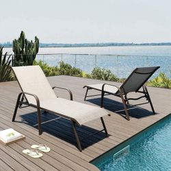 New Heavy Duty Set of 2 Aluminum Pool ChairPatio Lounger with Backrest and Armrests, Pool Outdoor, Lawn, Patio, Pool (2 Pack, Beige)  New in box LG012