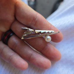 Mikimoto Silver Tie Clip W/ Real Pearl